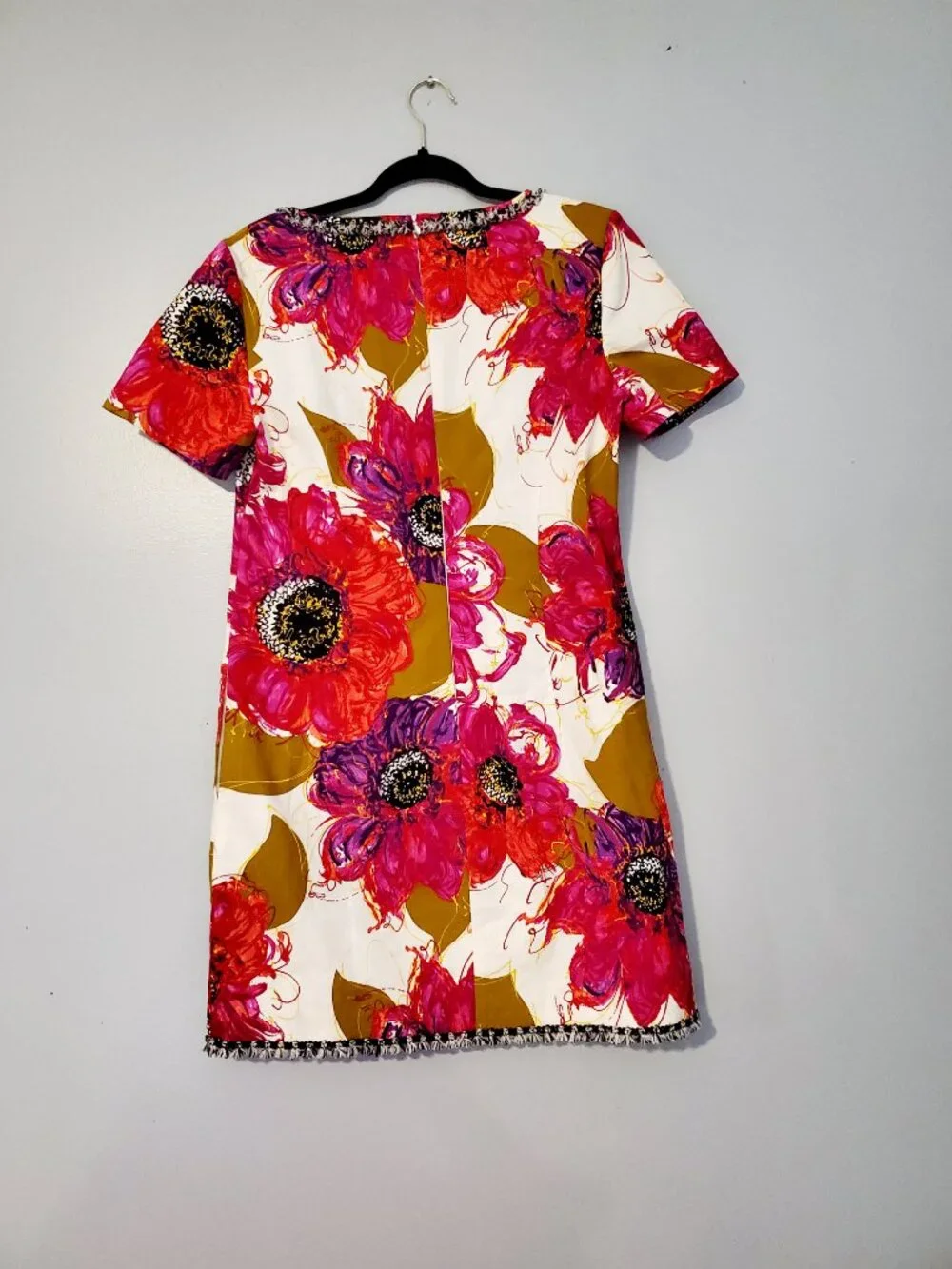 Trina Turk Floral Shift Dress Sz 10 Pink Cotton Fringe Resort Chic Hamptons - Picture 4 of 13